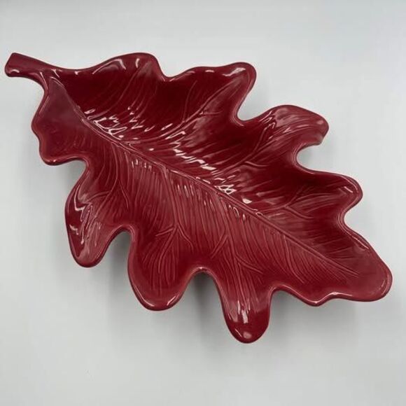 Harvest Other - Harvest Dark Red Leaf Ceramic Serving Dish Bowl Rustic Farmhouse Table Decor
